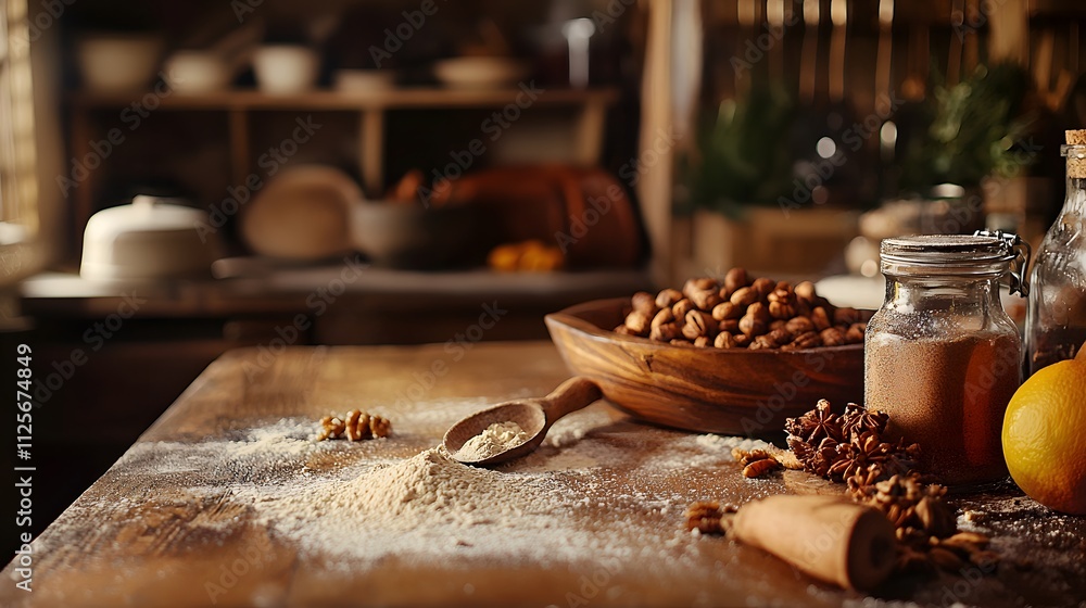 Traditional Festive Baking with Spices and Nuts in Cozy Kitchen Traditional Festive Baking with Spices and Nuts in Cozy Kitchen