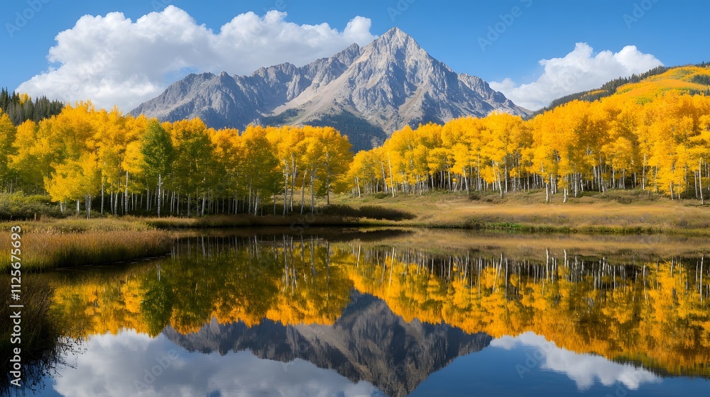 Serene mountain landscape with vibrant yellow aspen trees and clear blue skies. Serene mountain landscape with vibrant yellow aspen trees and clear blue skies.