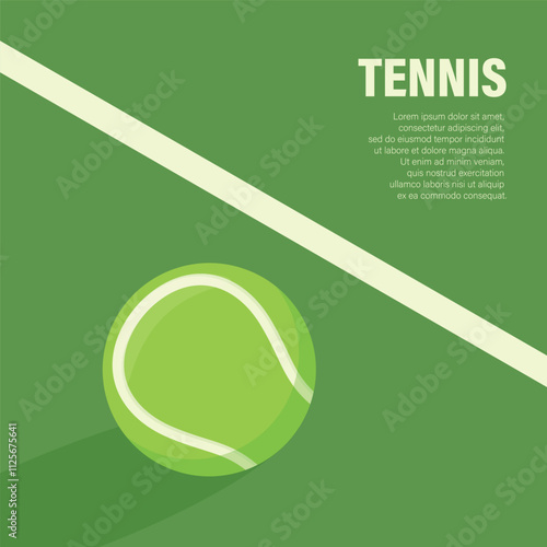 Flat Vector Tennis Ball Icon is on the Green Tennis Court. Tennis Ball Design Template, Sports Concepts, Competition Promotions, Advertisements, Graphics for a Tennis Event. Sports Background