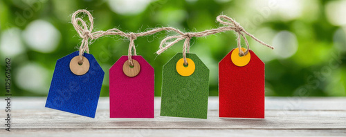 Colorful price tags hanging on string, showcasing vibrant hues of blue, pink, green, and red against blurred green background, evoking sense of creativity and organization photo