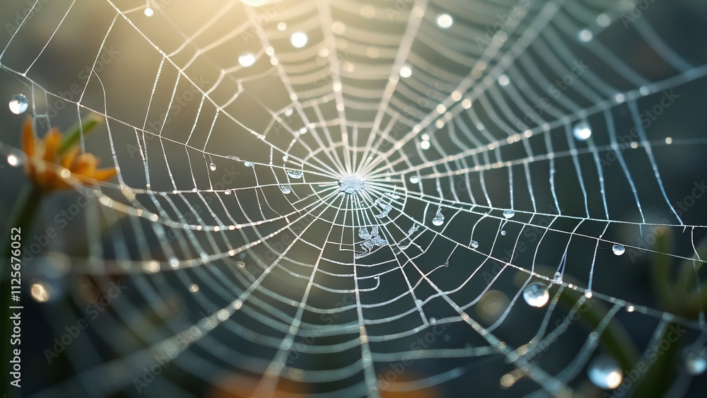 Intricate Spiderweb with Dew Drops, Fragile Beauty Intricate Spiderweb with Dew Drops, Fragile Beauty