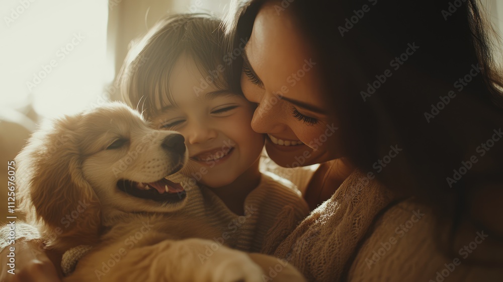 Happy moments with family and their dog, featuring a smiling child, a woman, and their playful puppy enjoying time together Happy moments with family and their dog, featuring a smiling child, a woman, and their playful puppy enjoying time together