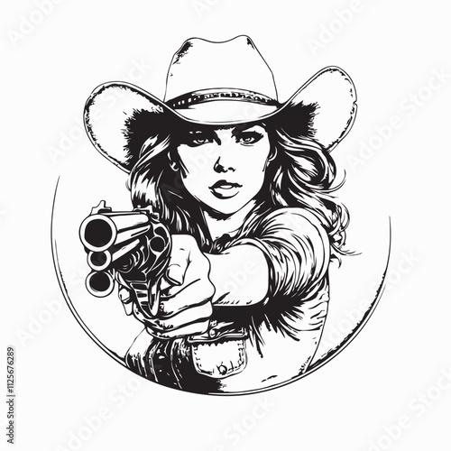 Beautiful sexy girl cowboy in a hat with a gun aims forward image vector isolated on white background.