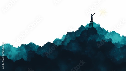 Abstract human figures climbing upward on a ladder, symbolizing ambition, career growth, and striving for professional success.