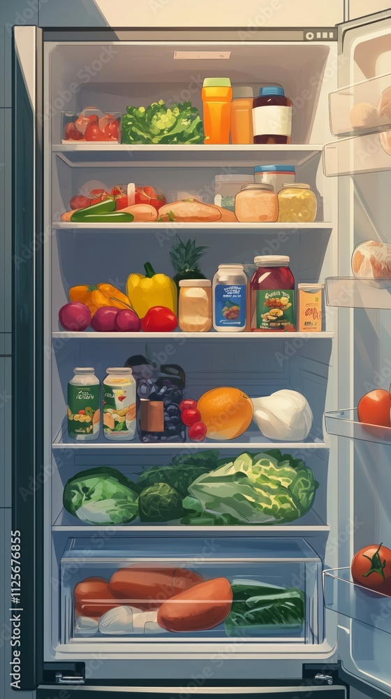 Open refrigerator filled with fresh vegetables, fruits, and bottled juices. Open refrigerator filled with fresh vegetables, fruits, and bottled juices.