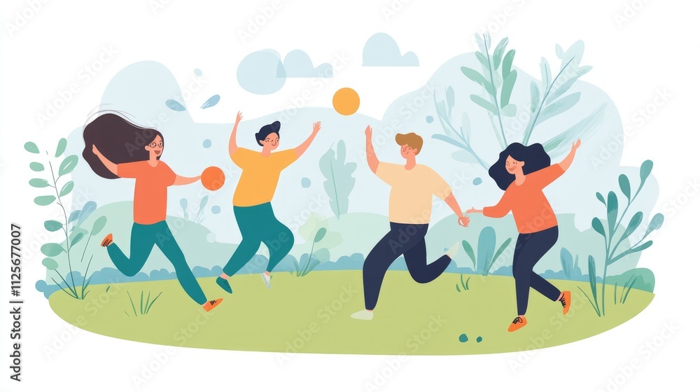 Happy people playing on nature. Ball, friend, park flat vector illustration. Healthy lifestyle and activity concept for banner, website design or landing web page Happy people playing on nature. Ball, friend, park flat vector illustration. Healthy lifestyle and activity concept for banner, website design or landing web page