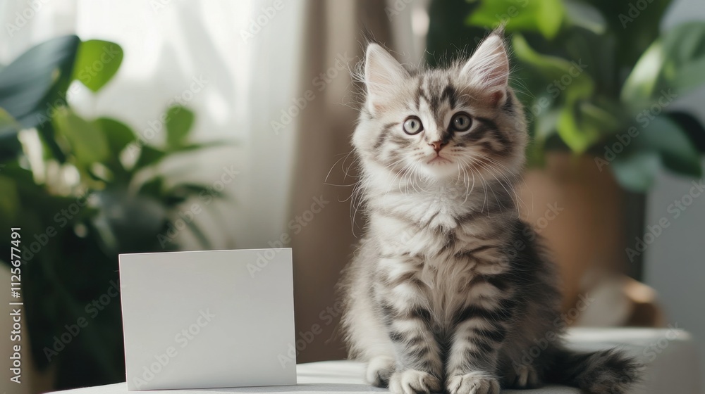 Playful kitten posing at home surrounded by greenery indoor photography cozy atmosphere adorable feline moment Playful kitten posing at home surrounded by greenery indoor photography cozy atmosphere adorable feline moment