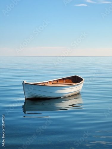 A tranquil boat drifts peacefully on smooth water, surrounded by vast space under an endless blue sky, inviting reflection and calm. Generative AI