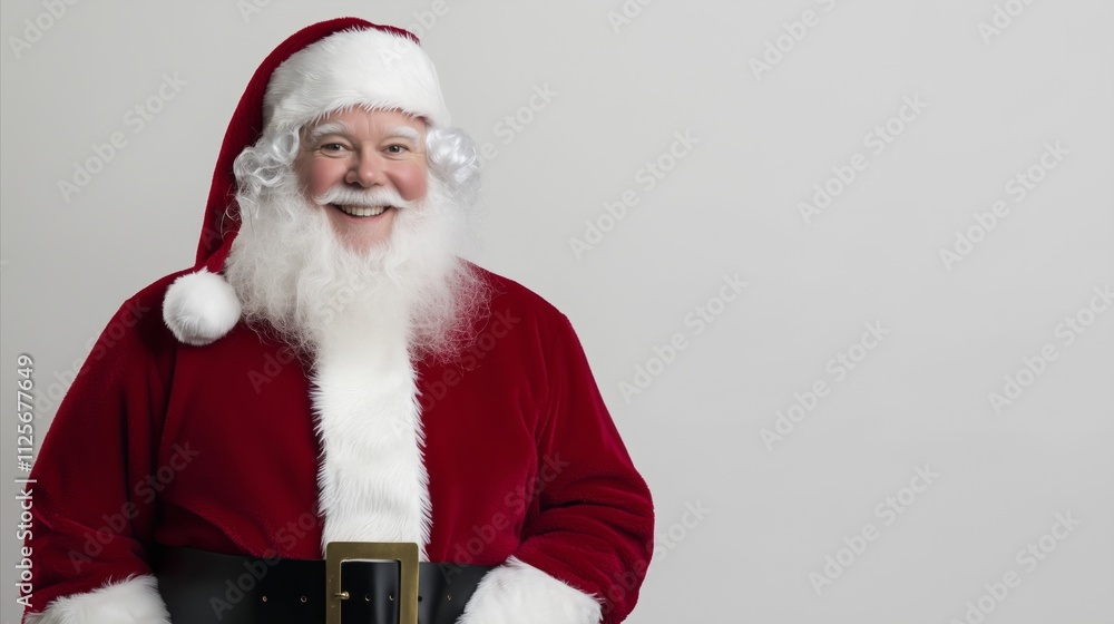 Man in a red Santa Claus suit is smiling