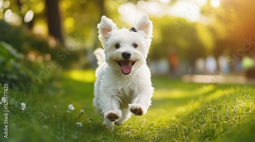 Happy white dog with black eye patch running fast in park