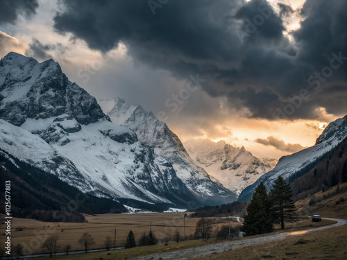 sunset in the mountains of caucasus. mountain, landscape, snow, sky, mountains, nature, alps, peak, rock, view, travel, winter, glacier, clouds, valley, ice, panorama, cloud, europe, cold, high, hikin photo