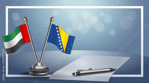 United Arab Emirate and Bosnia and Herzegovina National flags on small table with bokeh background, cooperative relationship