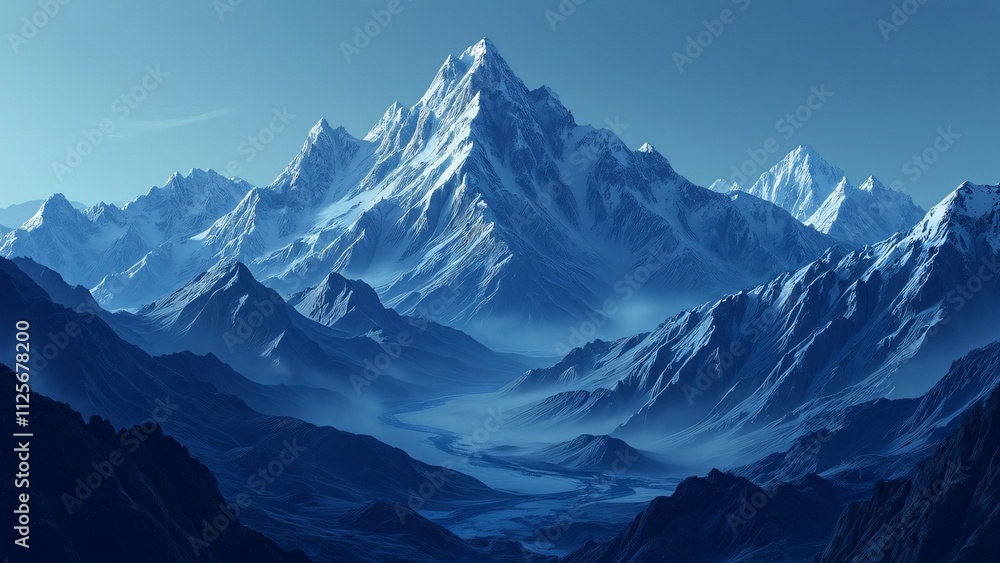 Majestic Blue Mountain Range, Rugged Peaks, Snowy Terrain Majestic Blue Mountain Range, Rugged Peaks, Snowy Terrain