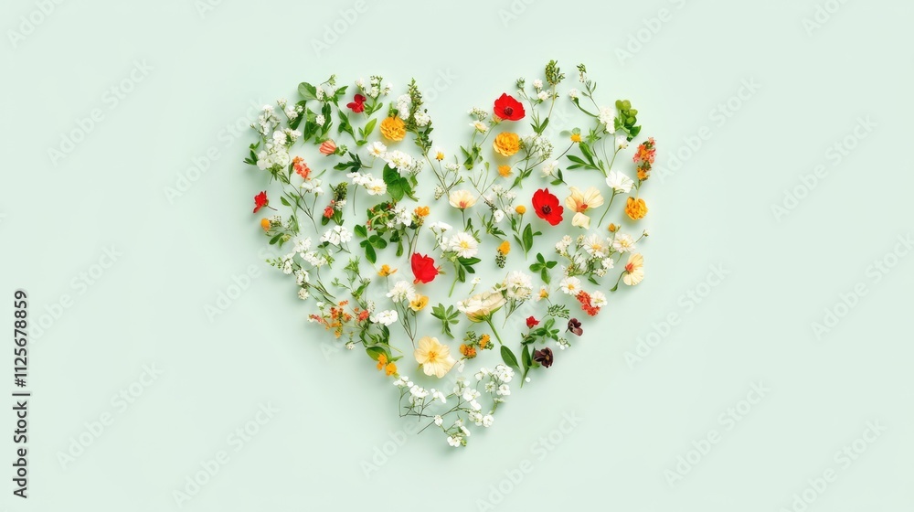 Heart made of fresh flowers on light green background. illustrations.