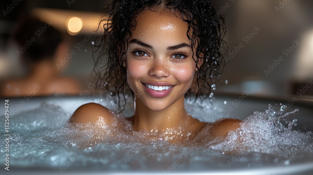 A woman is in a bathtub with water splashing around her. She is smiling and she is enjoying herself A woman is in a bathtub with water splashing around her. She is smiling and she is enjoying herself