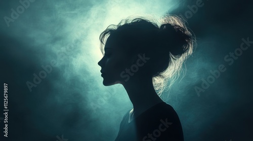 Ethereal Silhouette of a Woman in Dramatic Foggy Backlight with Dreamy Atmosphere and Mystery