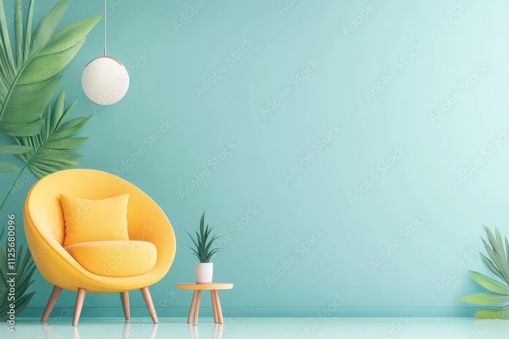 Bright and modern living space featuring a yellow chair, minimal decor, and tropical plants against a soothing blue wall. Bright and modern living space featuring a yellow chair, minimal decor, and tropical plants against a soothing blue wall.