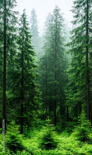 Lush Green Forest with Tall Pine Trees in Misty Environment Capturing Nature's Serenity and Tranquility