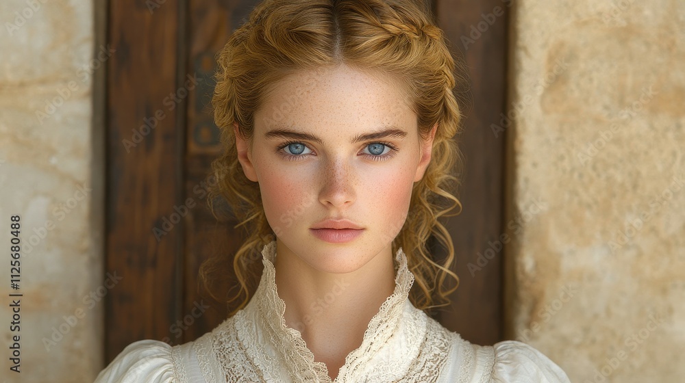 Fototapeta premium A woman with a red face and blonde hair is standing in front of a wooden door. She is wearing a white dress and has a lace collar