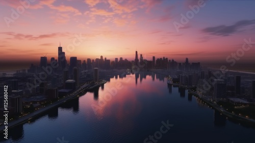 Ultra detailed, photorealistic aerial view of a city skyline at night with colorful fireworks photo