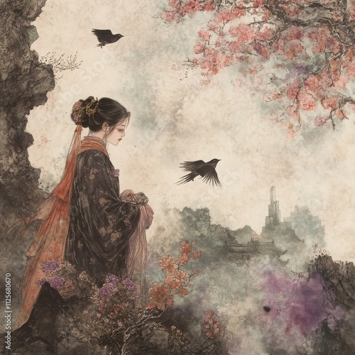 Tranquil Beauty: A solitary woman in traditional Japanese attire stands amidst a serene landscape of blooming cherry blossoms and soaring birds, a poignant and ethereal scene. 