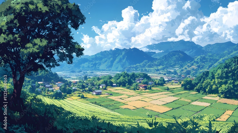Obraz premium A tranquil rural landscape featuring lush fields and distant mountains under a bright sky.