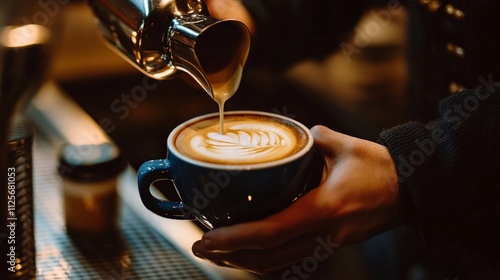 Intricate latte art pouring by skilled barista at local coffee shop cozy atmosphere close-up photography showcasing craftsmanship