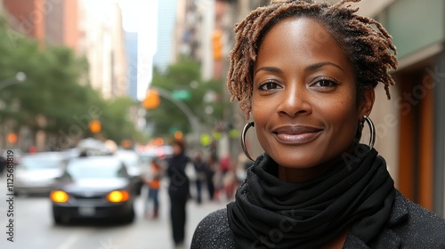 A woman with dreadlocks is smiling in front of a building. She is wearing a scarf and earrings