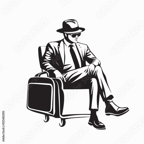 Retro style male passenger sitting on a bench waiting for his journey vector illustration design