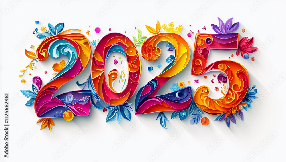 Fototapeta premium Floral pattern banner with number 2025 for new years growth colorful fun rainbow social share image design