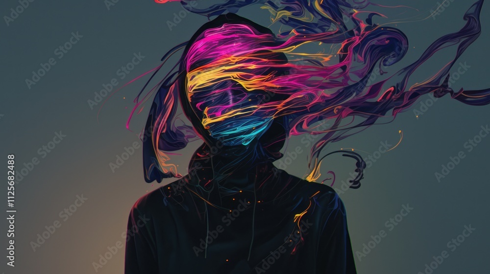 Hooded figure engulfed in vibrant, flowing paint.
