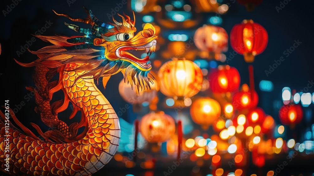 Obraz premium Chinese new year, Traditional Chinese lanterns display in Temple illuminated for Chinese new year festival, at night. Year of dragon