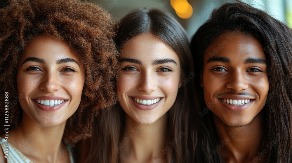 Three people with different hair colors and one of them is smiling. Concept of happiness and positivity Three people with different hair colors and one of them is smiling. Concept of happiness and positivity
