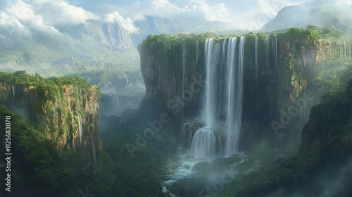 Enchanted Waterfall in a Lush, Misty Valley