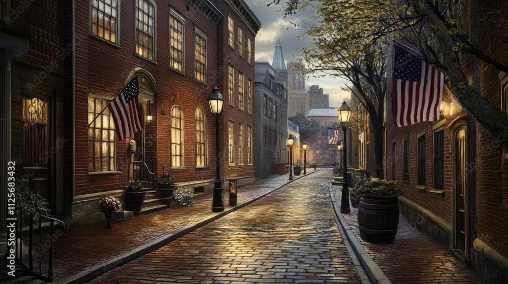 Historic Boston Street with Brick Buildings, Old-Fashioned Lamps, and American Flags Historic Boston Street with Brick Buildings, Old-Fashioned Lamps, and American Flags