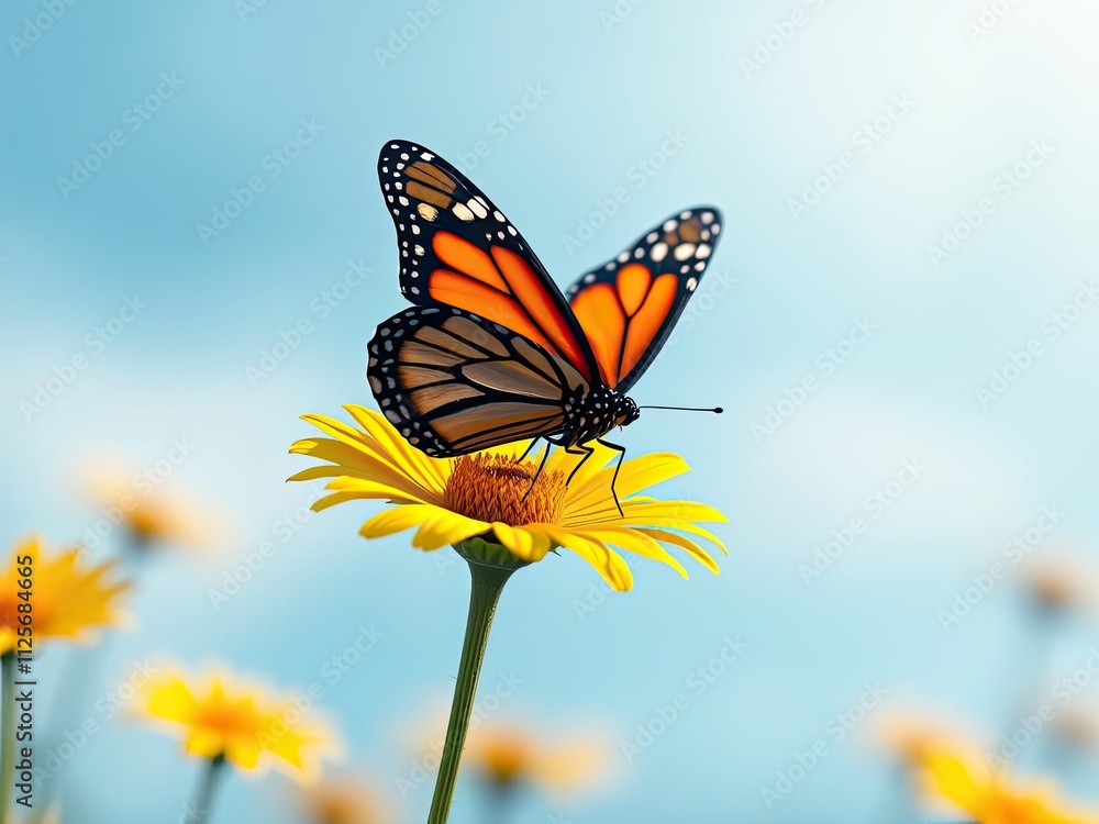 Obraz premium A beautiful monarch butterfly perched on a bright yellow daisy, wildlife, daisy, insect