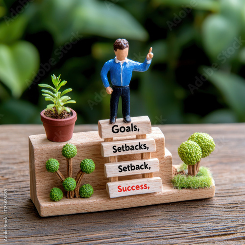 figurine standing on steps labeled with Goals, Setbacks, and Success, surrounded by small plants, symbolizes personal growth and achievement