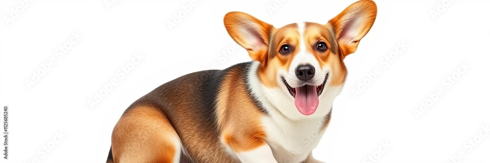 A Welsh corgi breed dog sitting upright on a white background with ears perked up and tongue lolling out of mouth, Welsh Corgi, Short Haired Dog A Welsh corgi breed dog sitting upright on a white background with ears perked up and tongue lolling out of mouth, Welsh Corgi, Short Haired Dog