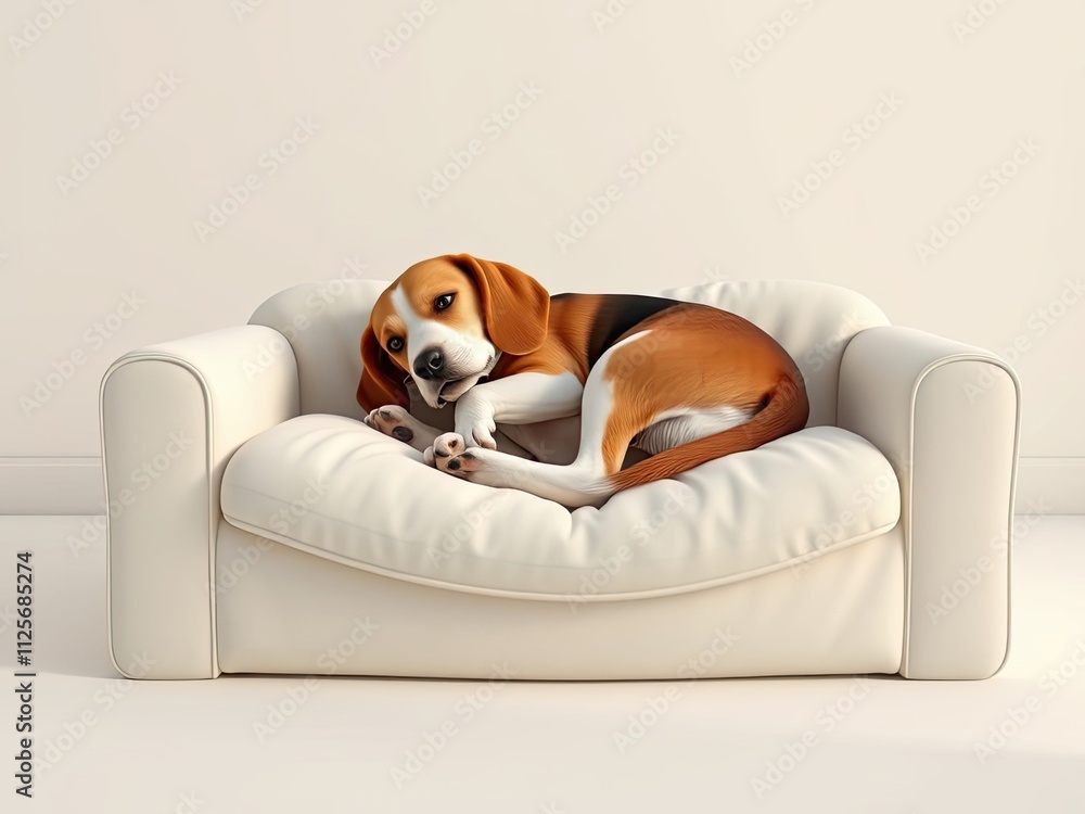 Beagle curled up on a white couch with legs tucked under and ears perked back , furniture, sofa Beagle curled up on a white couch with legs tucked under and ears perked back , furniture, sofa