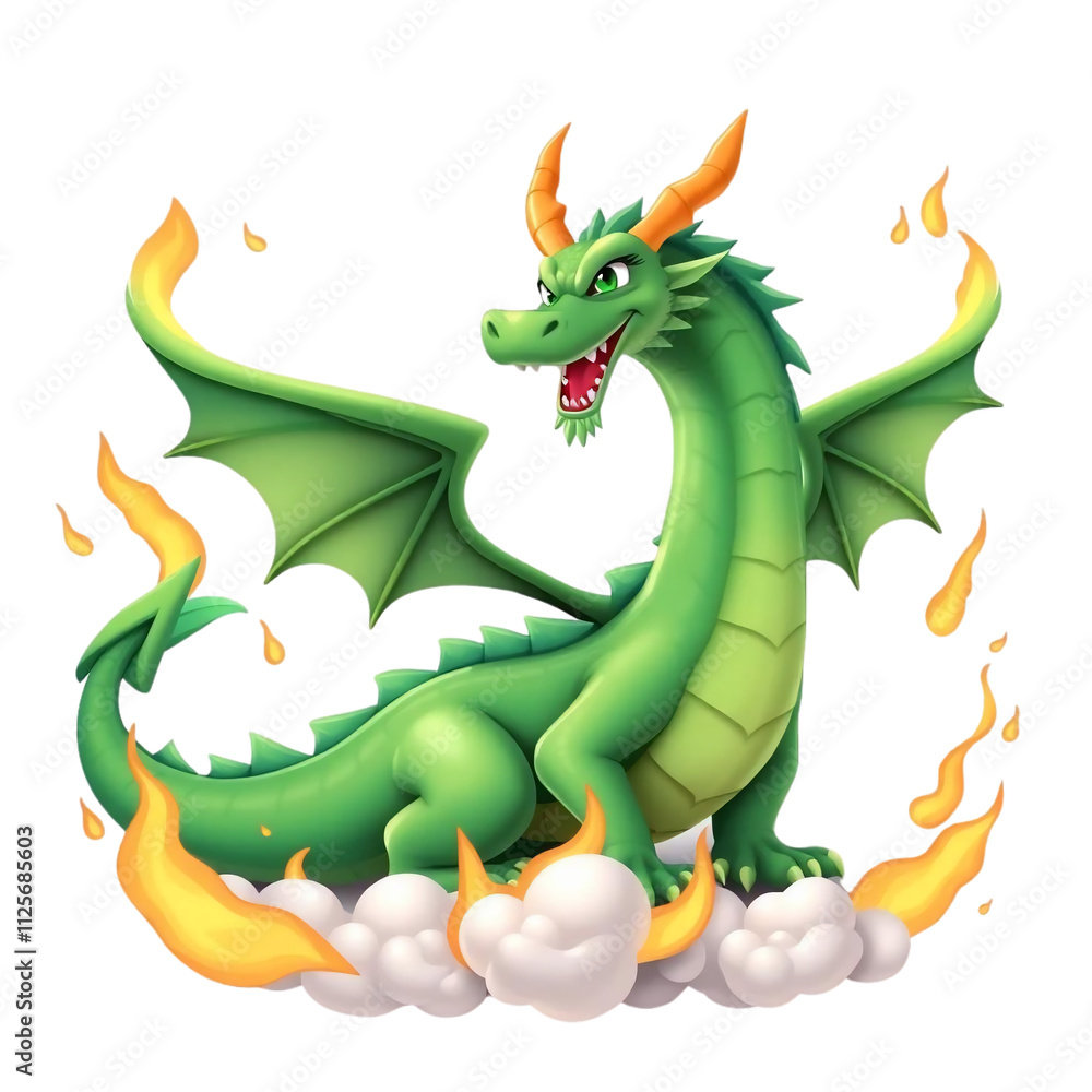 Fototapeta premium Cute Green Dragon Fantasy Illustration Mythical Creature Fire Clouds Wings