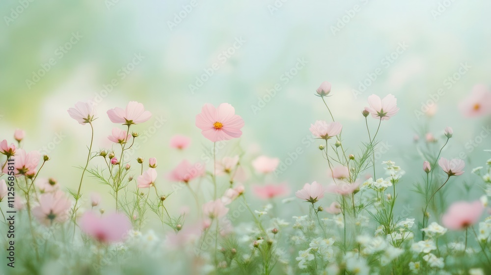 Obraz premium A serene field of pink flowers amidst soft green hues, evoking tranquility and beauty.