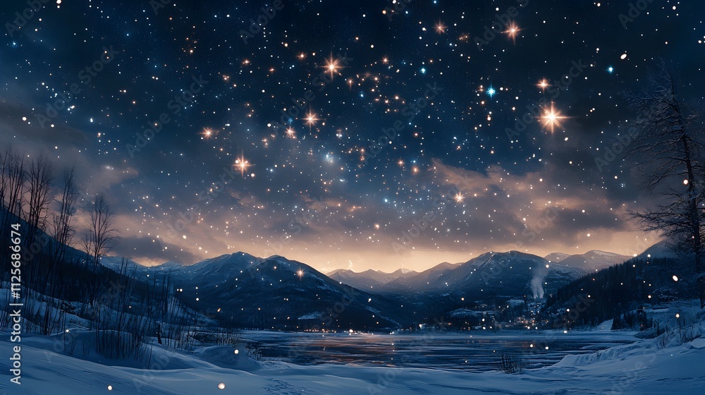 Fototapeta premium Peaceful winter landscape with snow and twinkling stars at dusk.