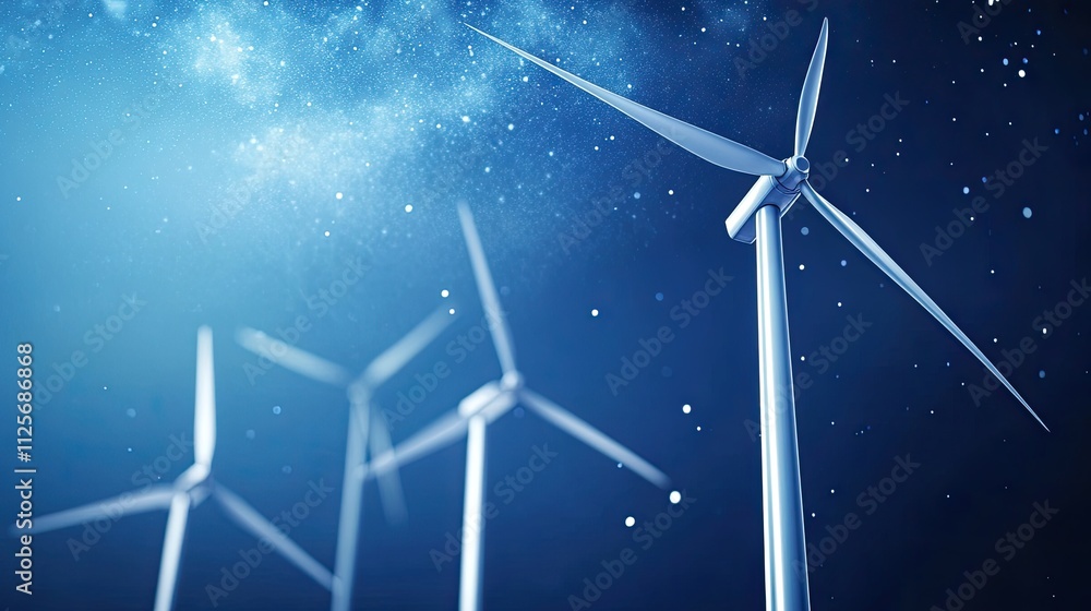 Wind turbines against a starry night, blades illuminated, showing harmony between nature and clean technology, renewable focus Wind turbines against a starry night, blades illuminated, showing harmony between nature and clean technology, renewable focus
