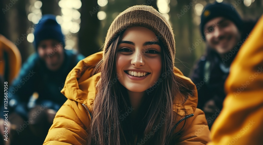 Une jeune femme heureuse et souriante assise avec des amis lors d'une randonnée en plein air dans la forêt en hiver. Une jeune femme heureuse et souriante assise avec des amis lors d'une randonnée en plein air dans la forêt en hiver.