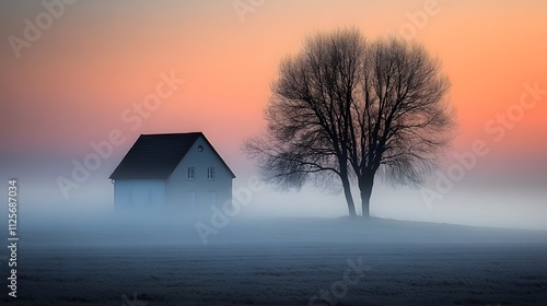 Serene misty morning with a silhouette of a tree and house at dawn.