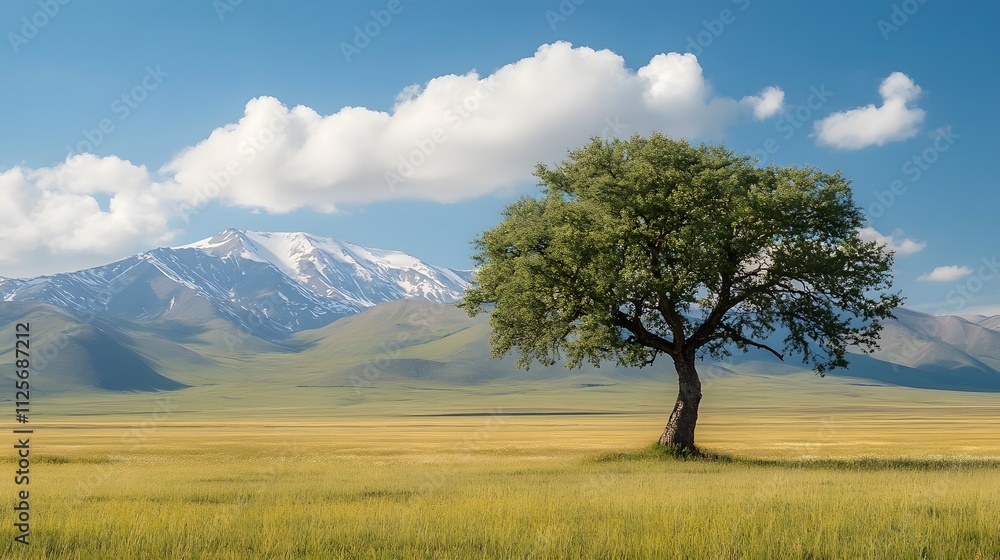 Lone tree on a vast, serene landscape with snow-capped mountains in the background. Lone tree on a vast, serene landscape with snow-capped mountains in the background.