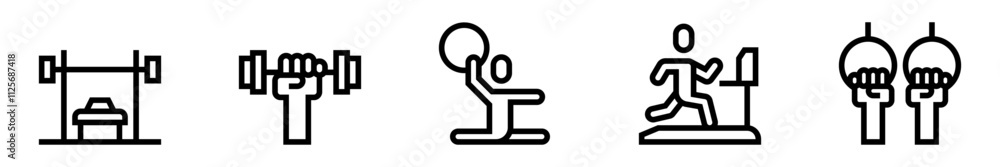 Gym icon set. Fitness and physical training. Weights, dumbbell, stretching, running, strength. Vector illustration Gym icon set. Fitness and physical training. Weights, dumbbell, stretching, running, strength. Vector illustration