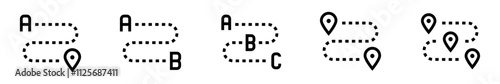 Route icon set. Trajectory and path. Different location routes. Location points a,b,c. Vector illustration
