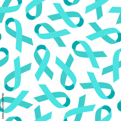 Seamless pattern with Teal Awareness ribbons. Awareness for cervical cancer, Ovarian Cancer, Polycystic Ovary Syndrome, Post Traumatic Stress Disorder, Obsessive Compulsive Disorder