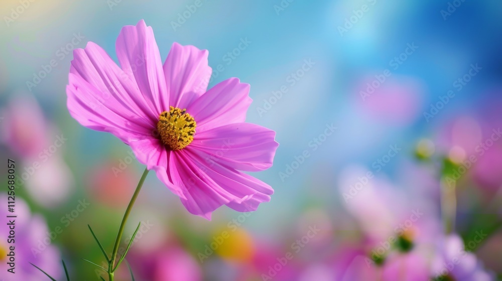 Close-Up of a Pink Flower with Yellow Center Against a Soft Blue Background Close-Up of a Pink Flower with Yellow Center Against a Soft Blue Background